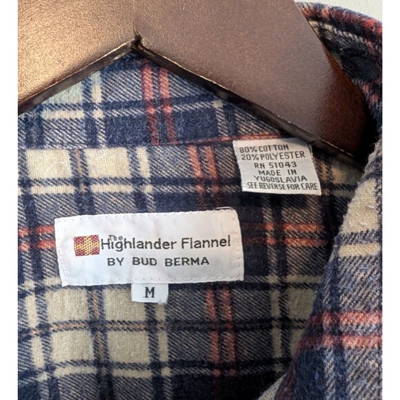 Bud Berma Size Medium Flannel Shirt Mens Vintage Plaid Highlander Blue Red 90s M - Picture 2 of 4